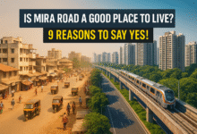 Modern Mira Road skyline with Metro train, showcasing urban development and connectivity.
