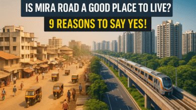 Modern Mira Road skyline with Metro train, showcasing urban development and connectivity.