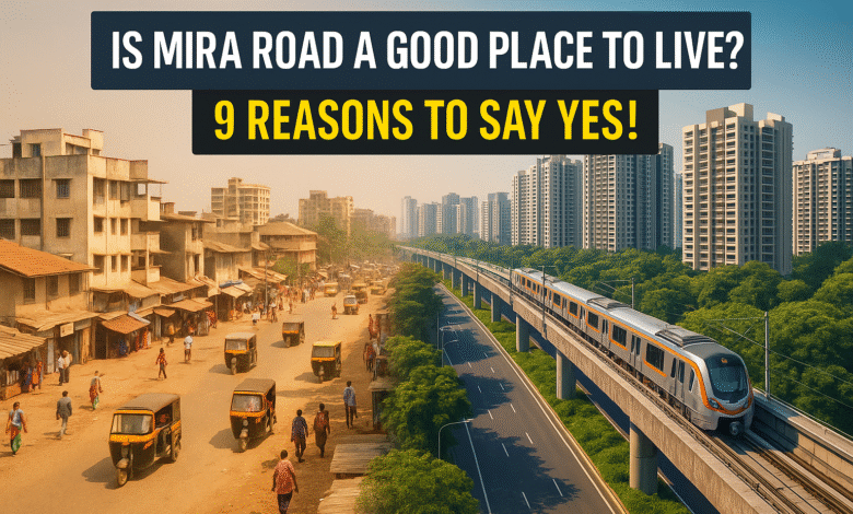 Modern Mira Road skyline with Metro train, showcasing urban development and connectivity.