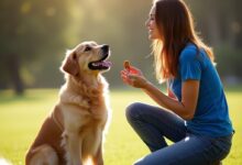 A happy dog looking up at its owner, ready for a treat after successfully following a command, symbolizing positive reinforcement in dog training.