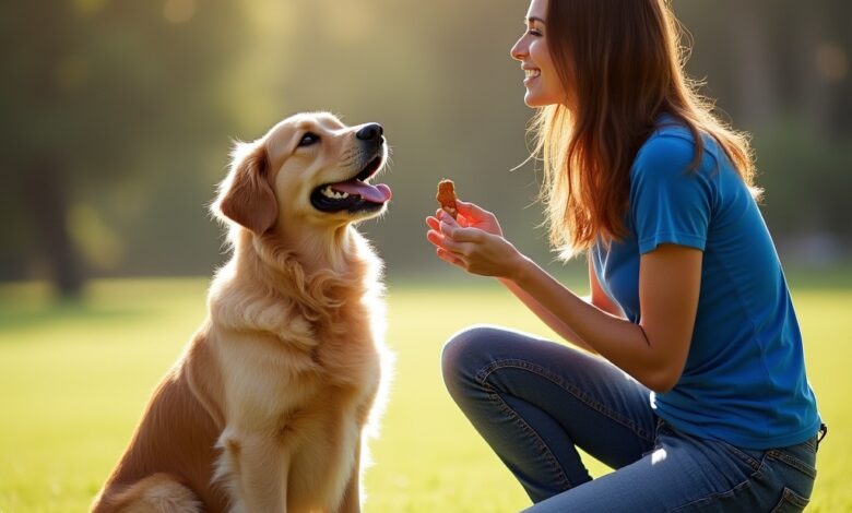 A happy dog looking up at its owner, ready for a treat after successfully following a command, symbolizing positive reinforcement in dog training.