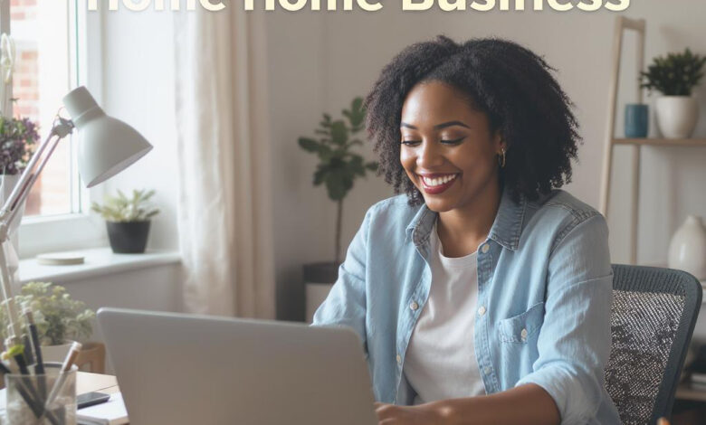 person working happily from a home office setup, with a laptop, notebook, and phone, symbolizing a successful home-based business.